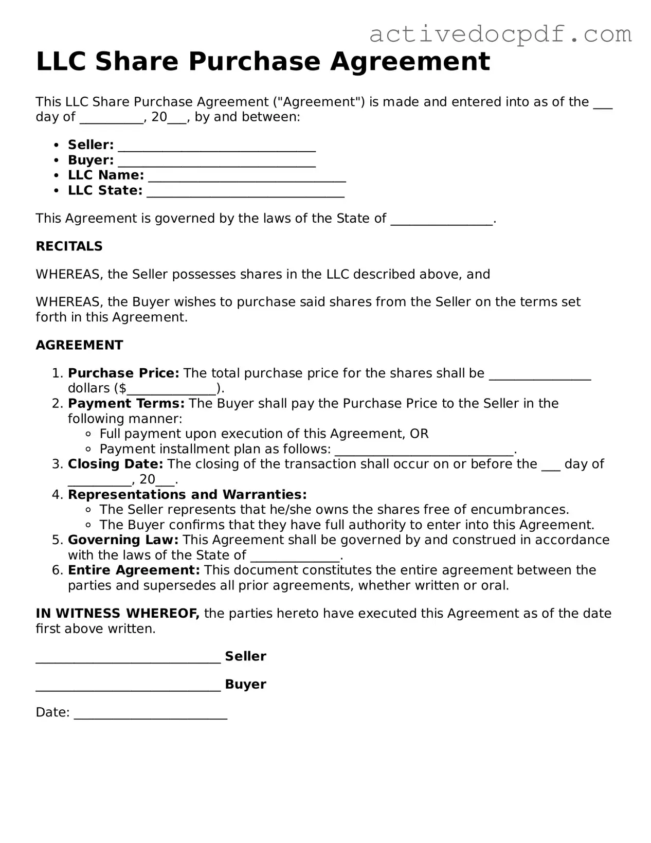Legal LLC Share Purchase Agreement Template