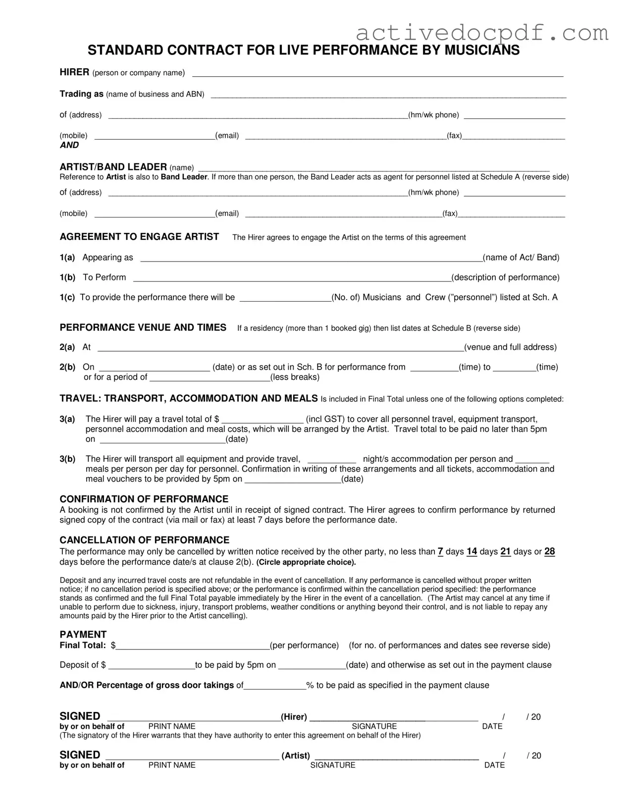 Free Live Performance Contract PDF Form
