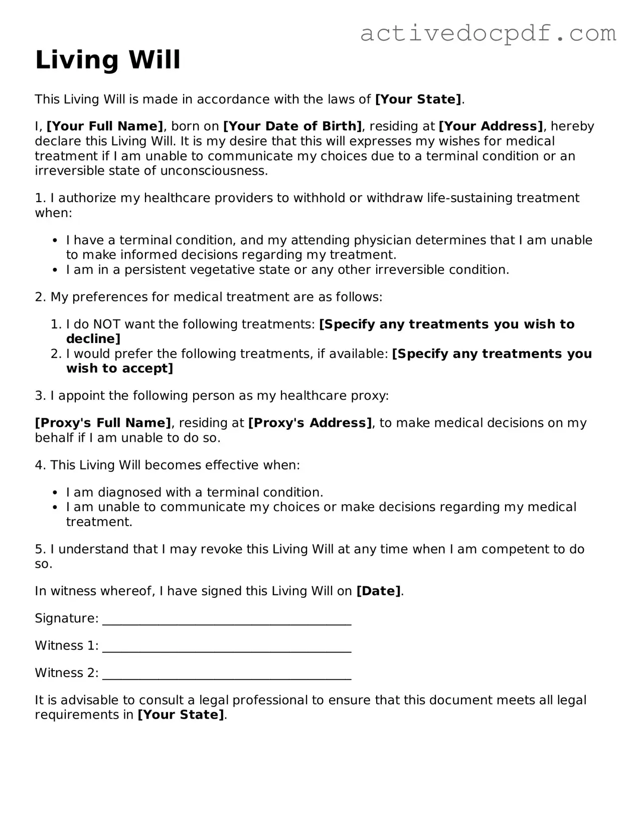 Legal Living Will Template