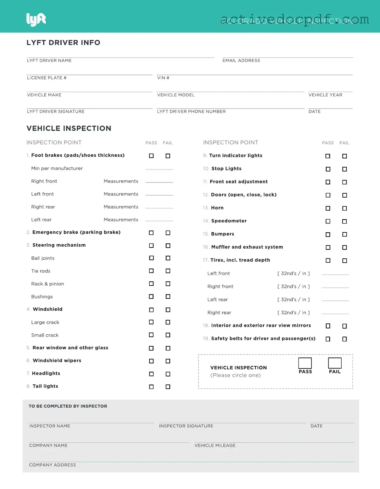 Free Lyft Inspection PDF Form