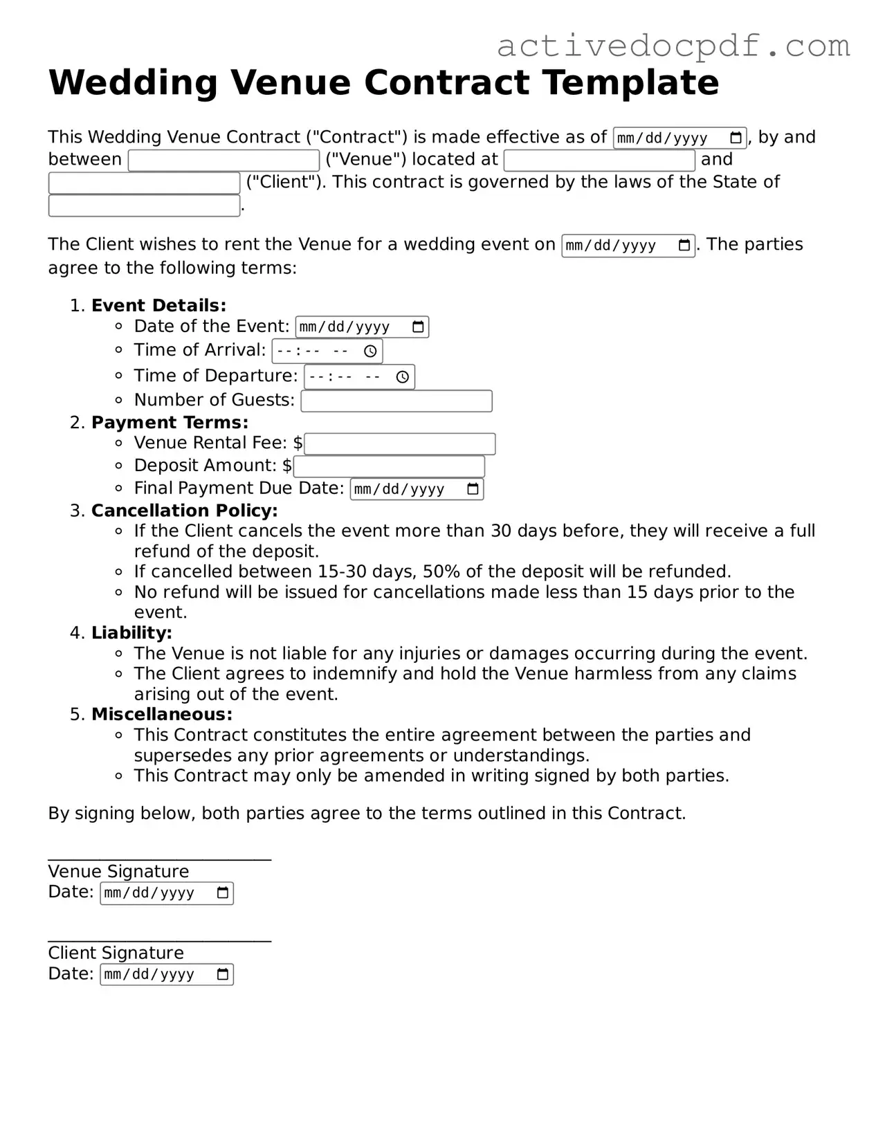 Legal Wedding Venue Contract Template