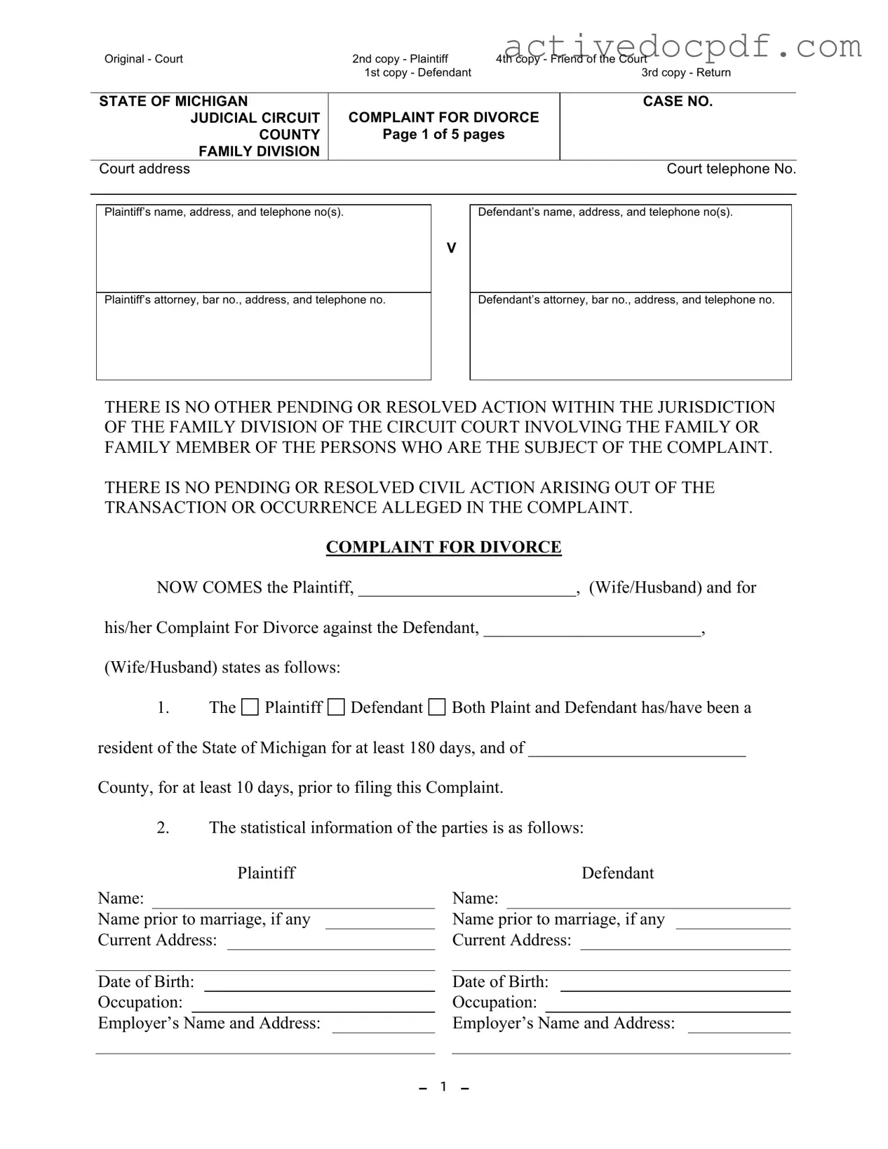 Free Michigan Complaint Divorce PDF Form