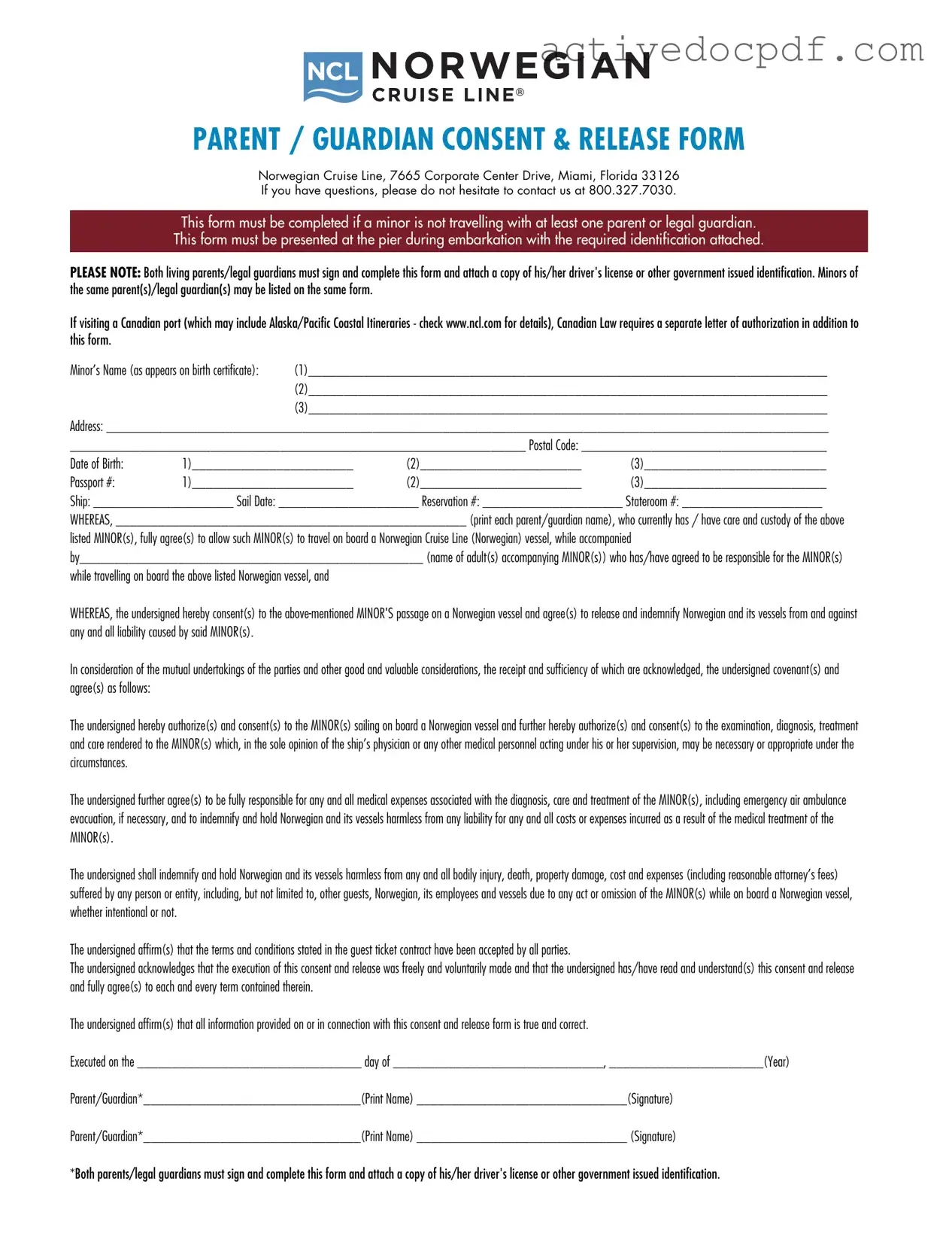 Free NCL Parental Consent PDF Form