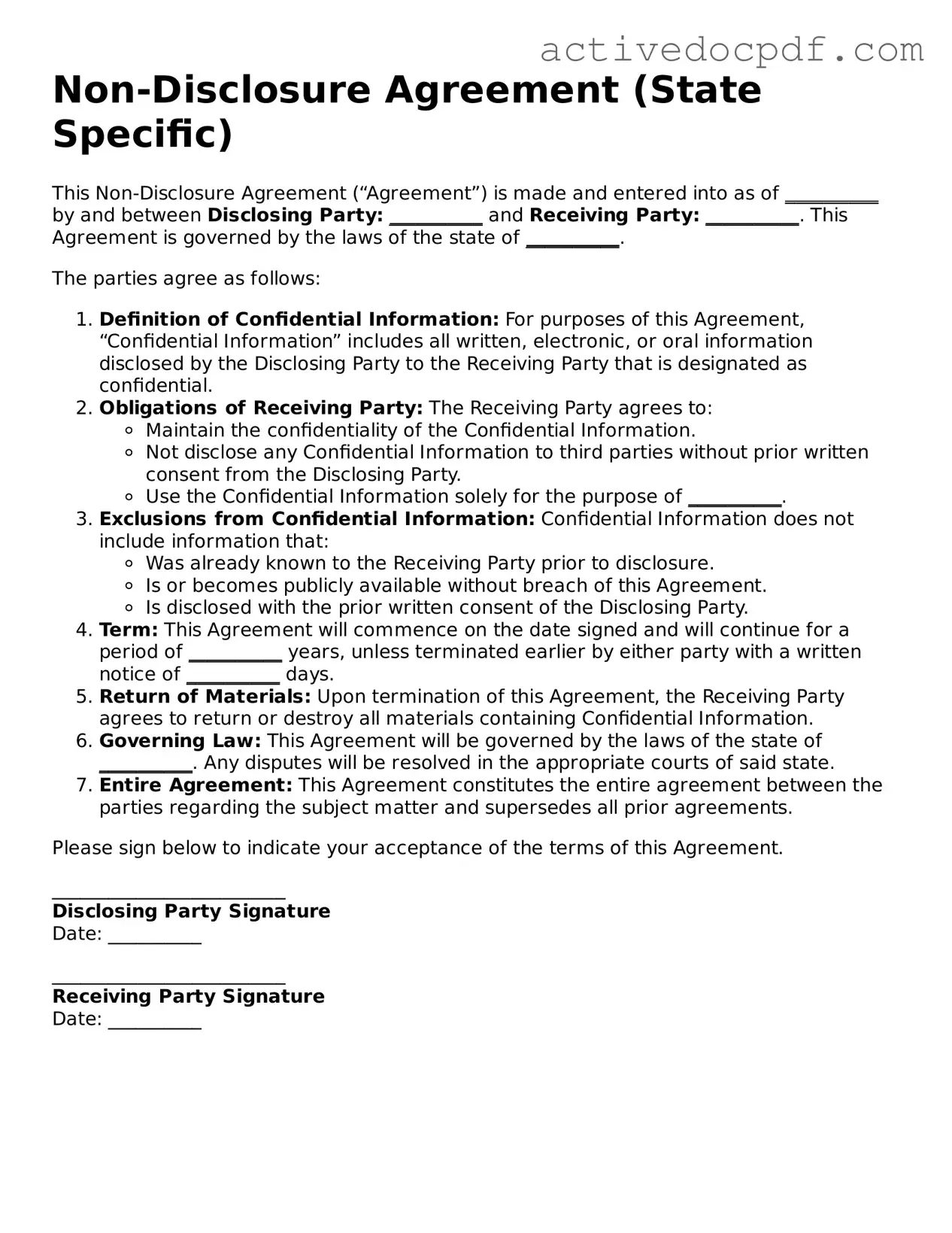 Legal Non-disclosure Agreement Template