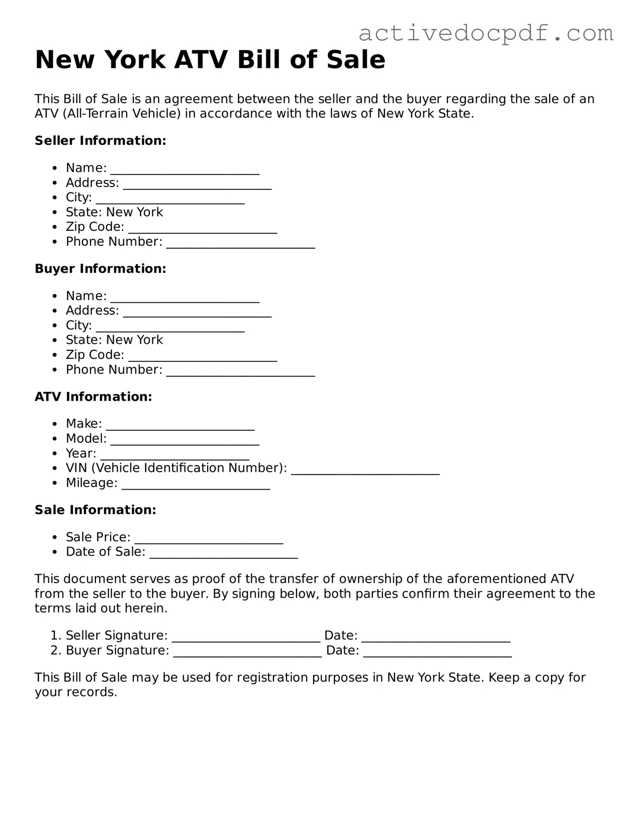 Legal ATV Bill of Sale Document for New York State