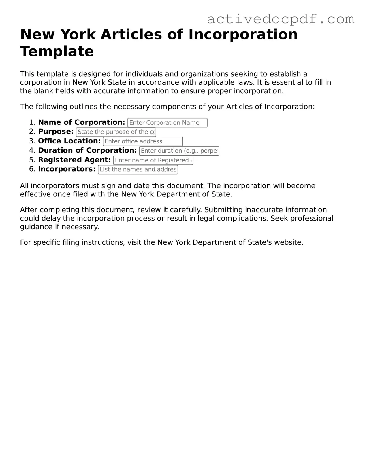 Legal Articles of Incorporation Document for New York State