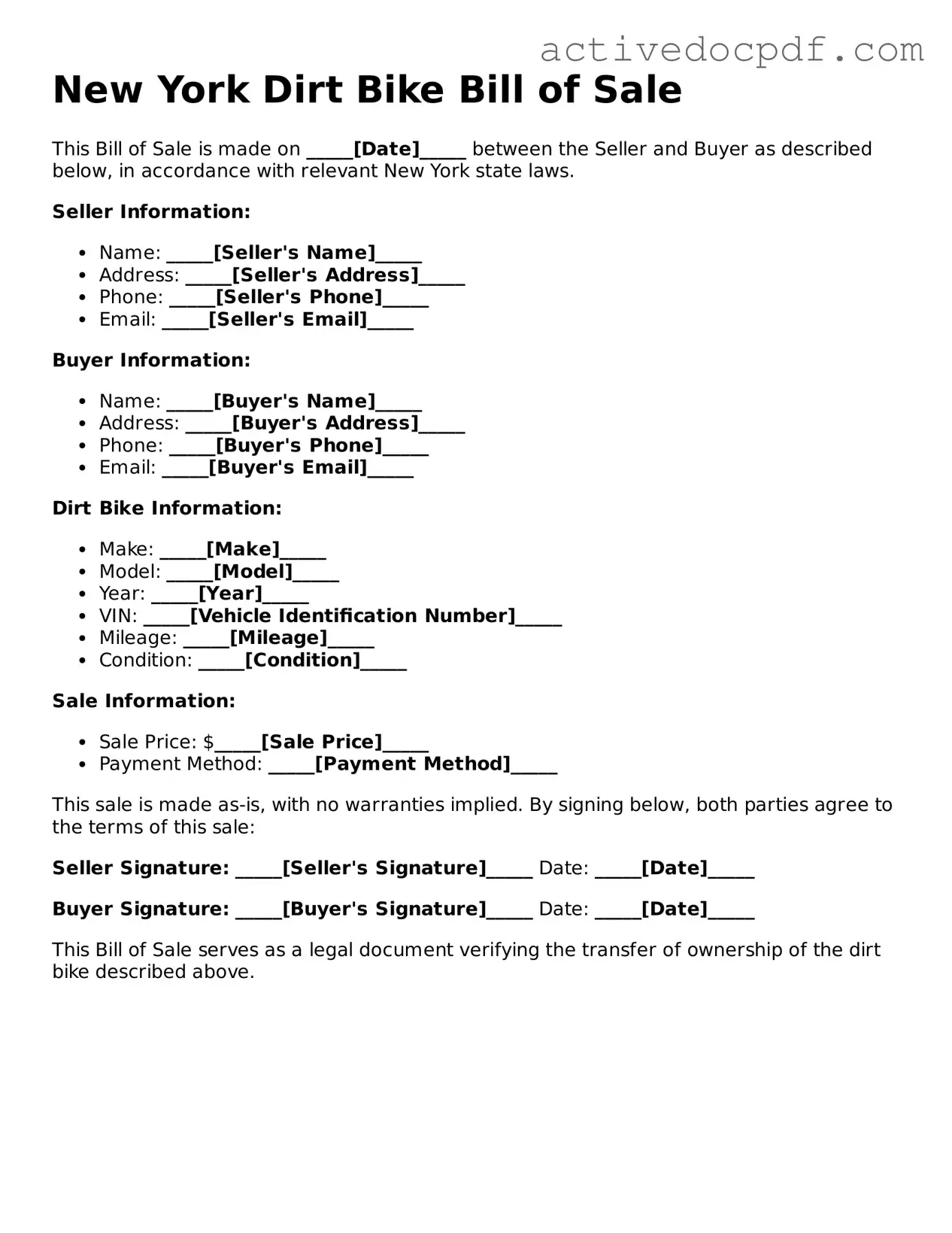 Legal Dirt Bike Bill of Sale Document for New York State