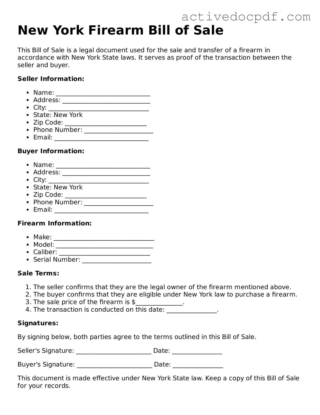 Legal Firearm Bill of Sale Document for New York State