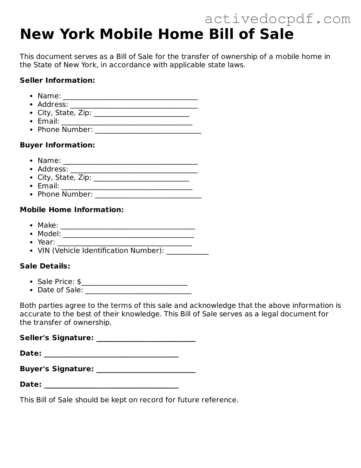 Legal Mobile Home Bill of Sale Document for New York State
