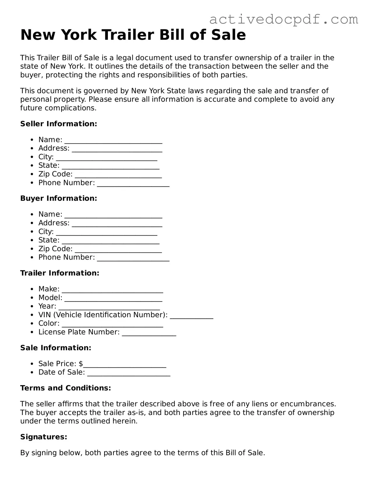 Legal Trailer Bill of Sale Document for New York State