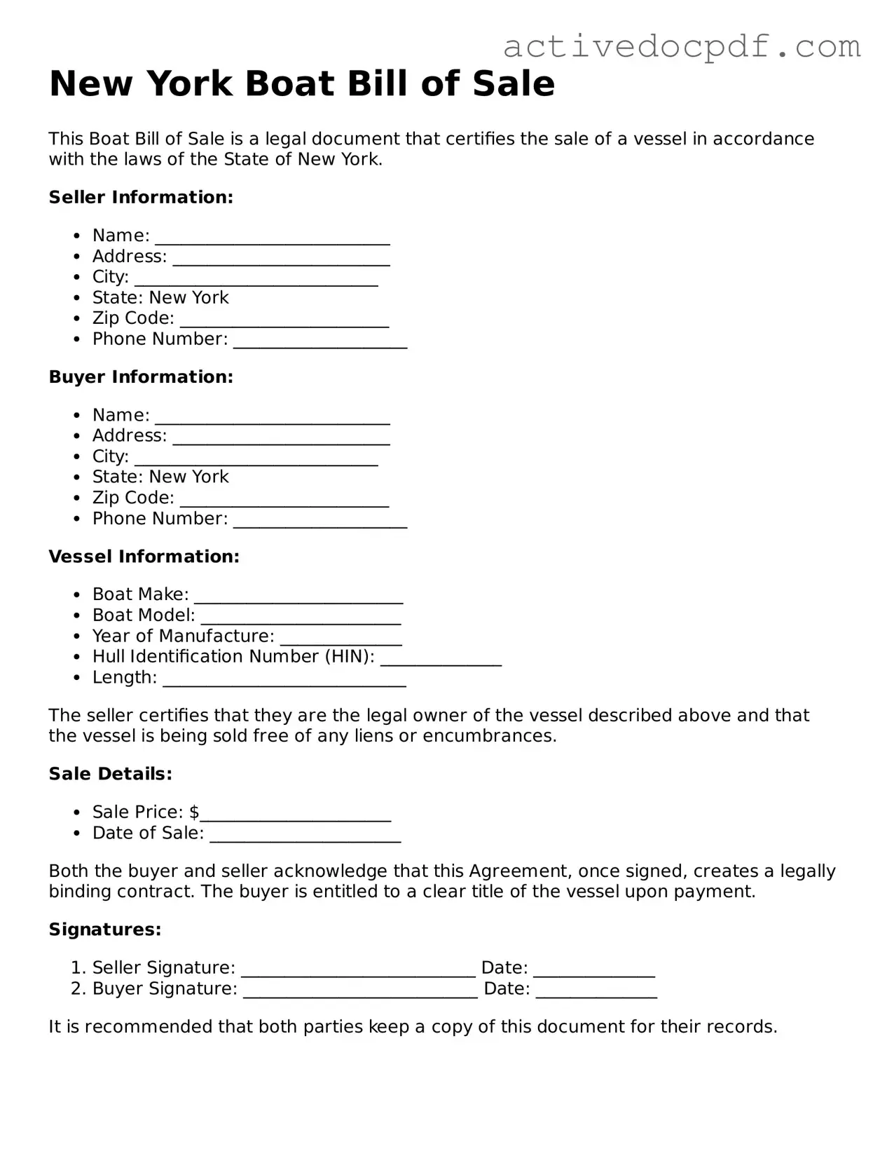 Legal Boat Bill of Sale Document for New York State