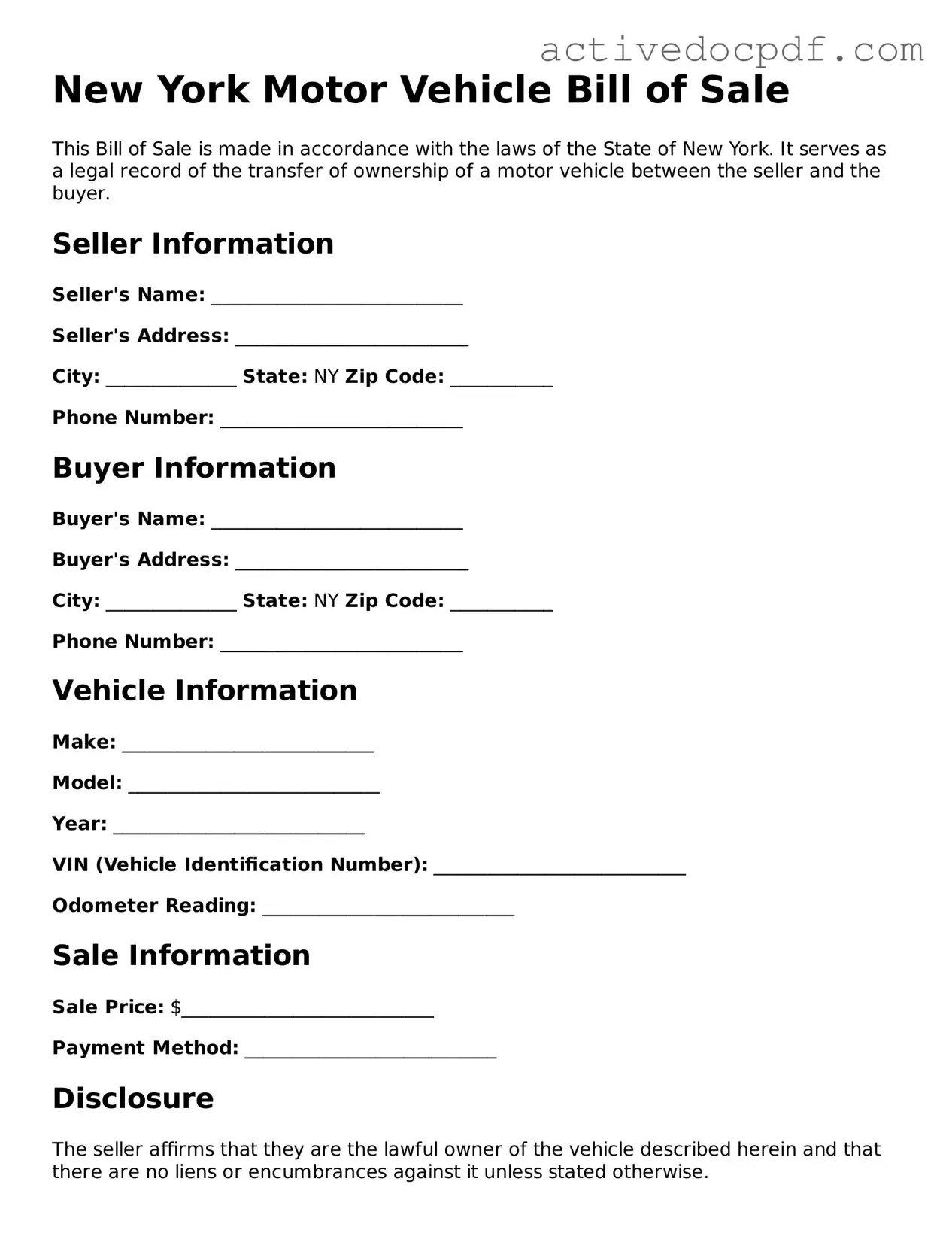 Legal Motor Vehicle Bill of Sale Document for New York State