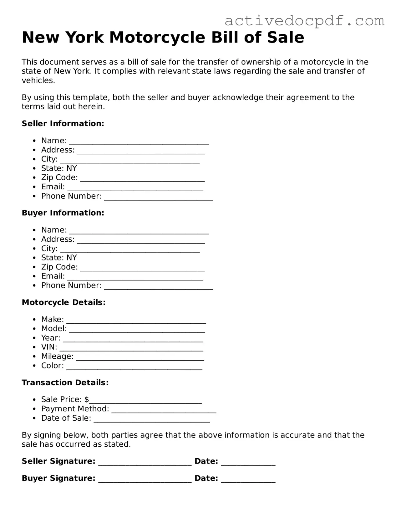 Legal Motorcycle Bill of Sale Document for New York State