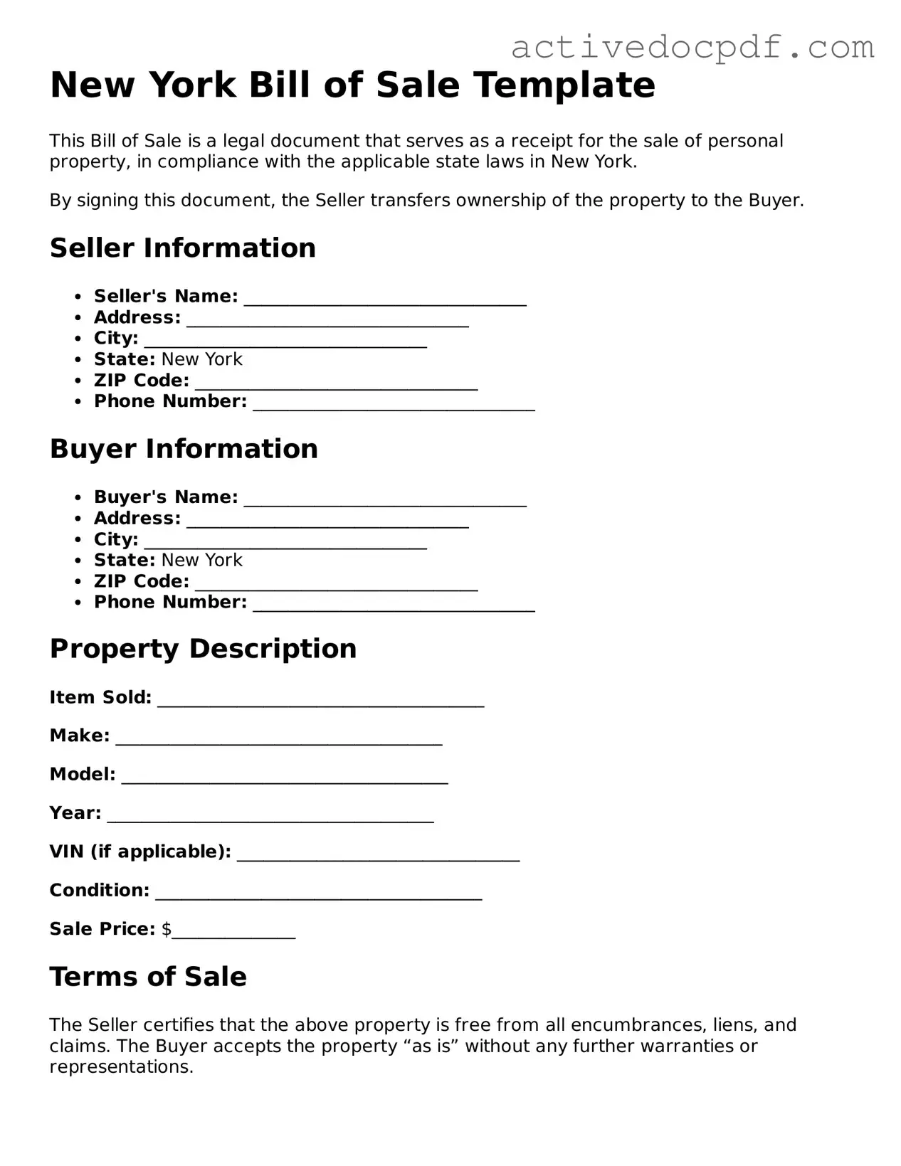 Legal Bill of Sale Document for New York State