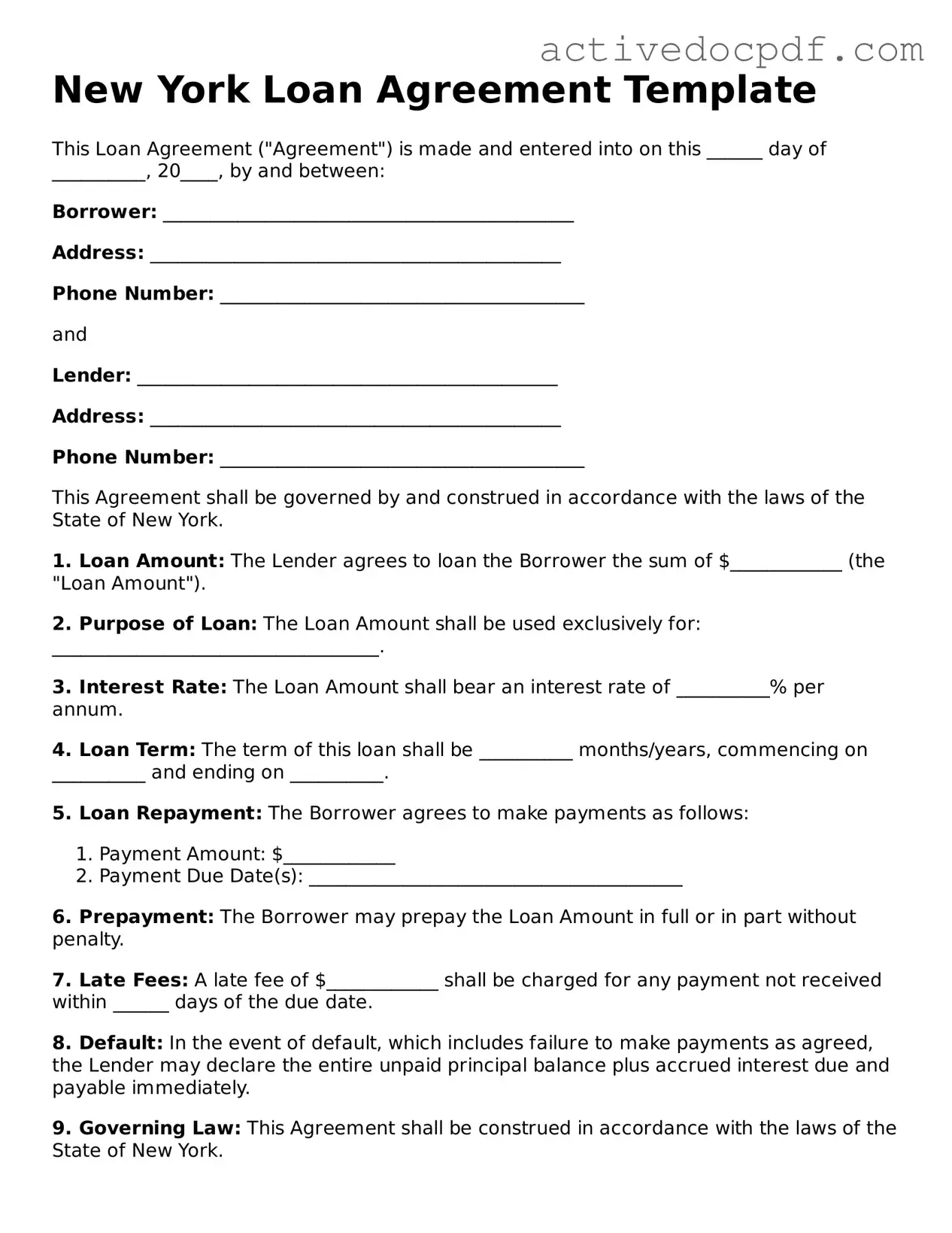 Legal Loan Agreement Document for New York State