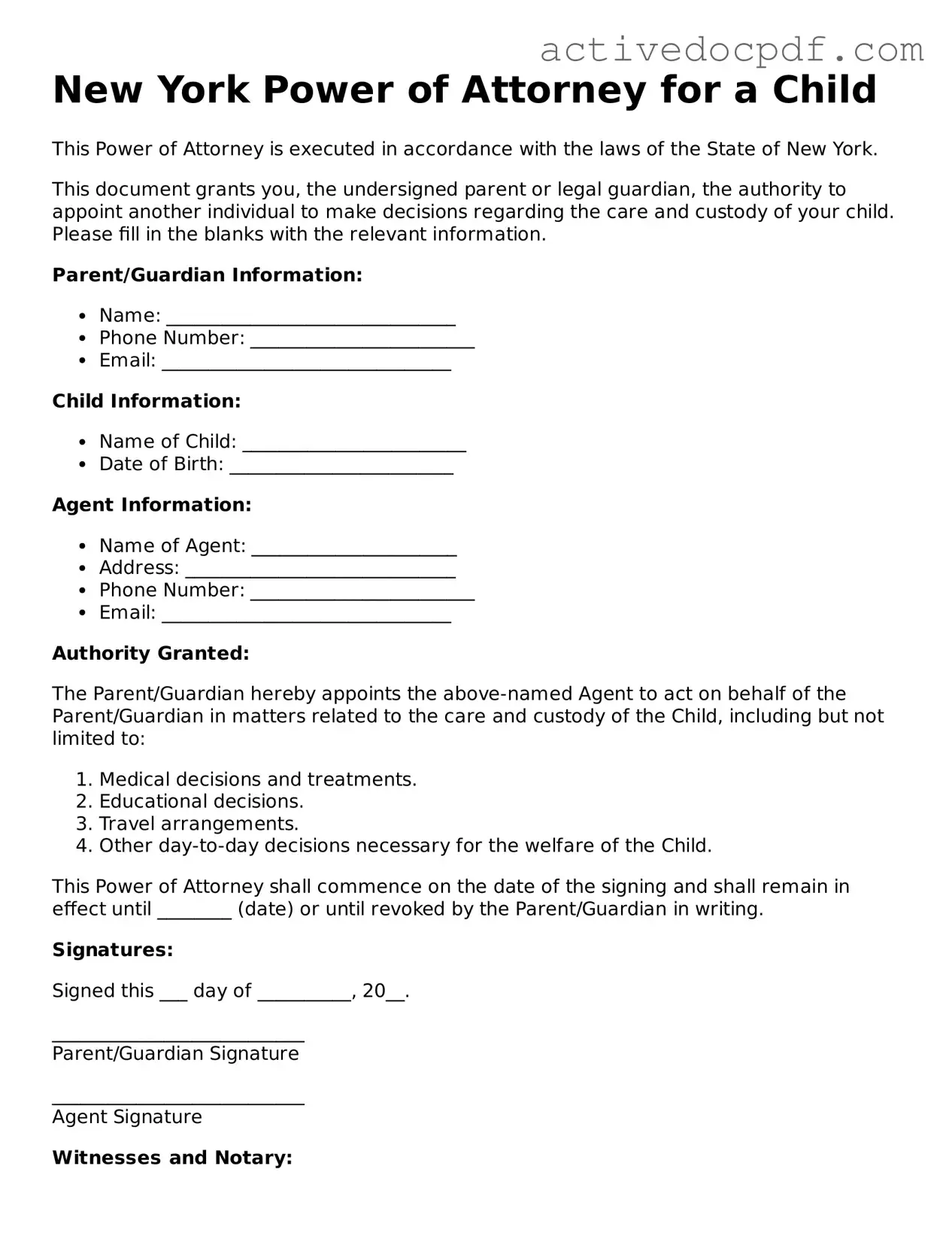 Legal Power of Attorney for a Child Document for New York State