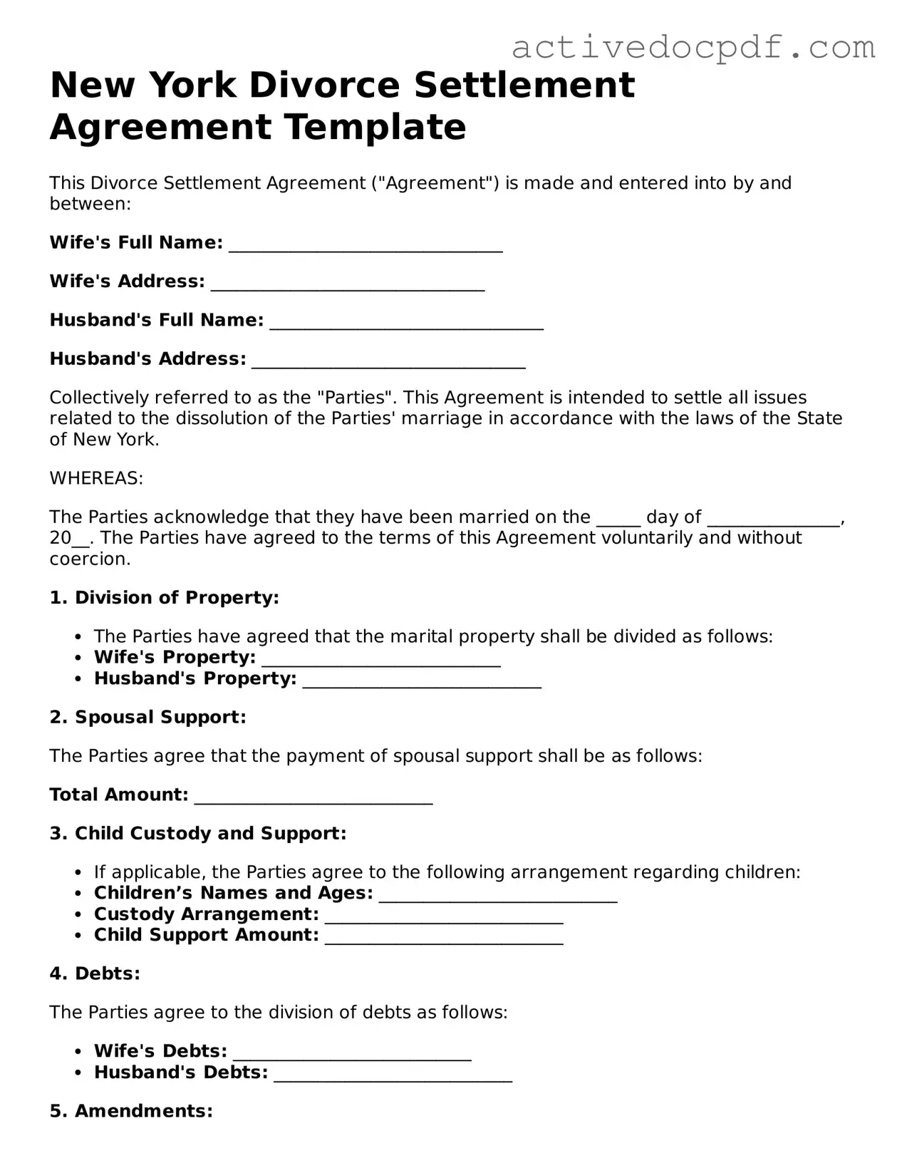 Legal Divorce Settlement Agreement Document for New York State