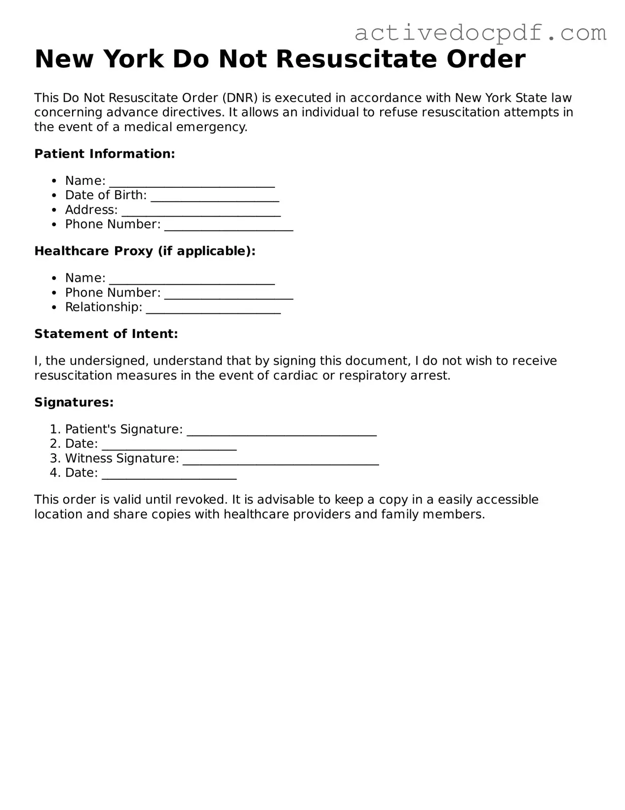 Legal Do Not Resuscitate Order Document for New York State