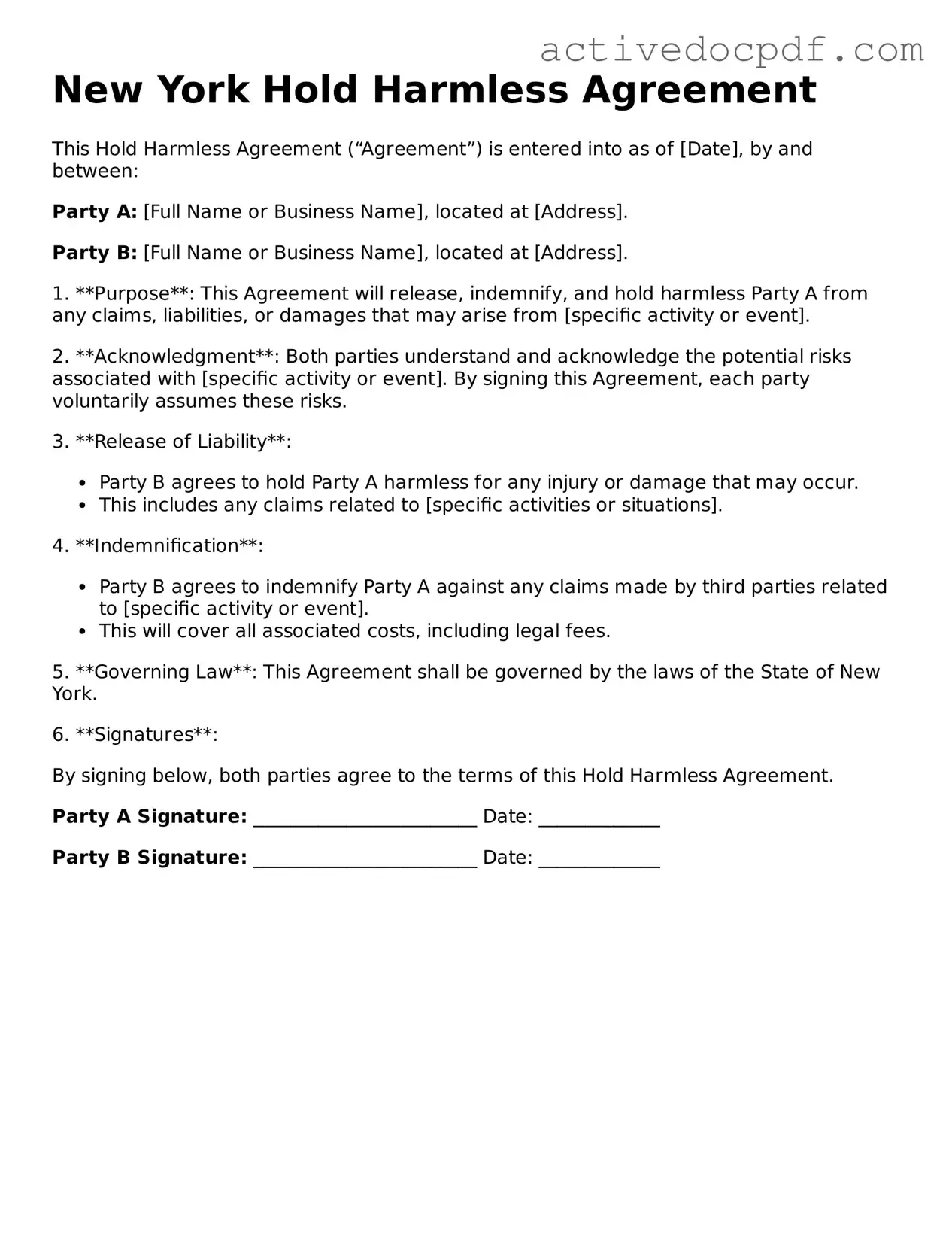 Legal Hold Harmless Agreement Document for New York State