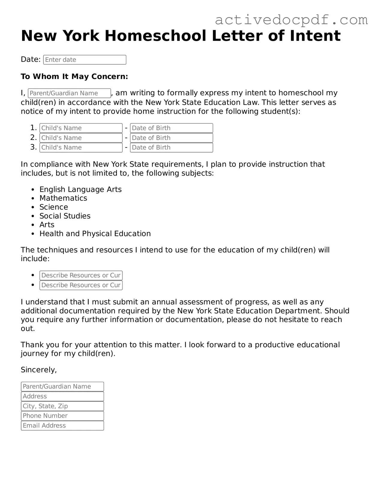 Legal Homeschool Letter of Intent Document for New York State