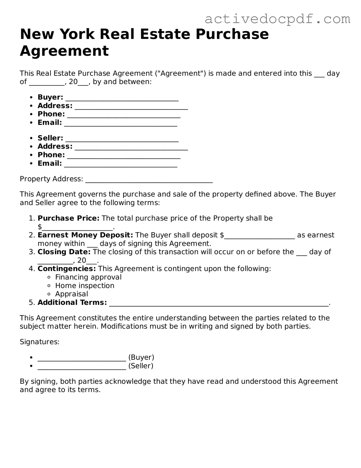 Legal Real Estate Purchase Agreement Document for New York State
