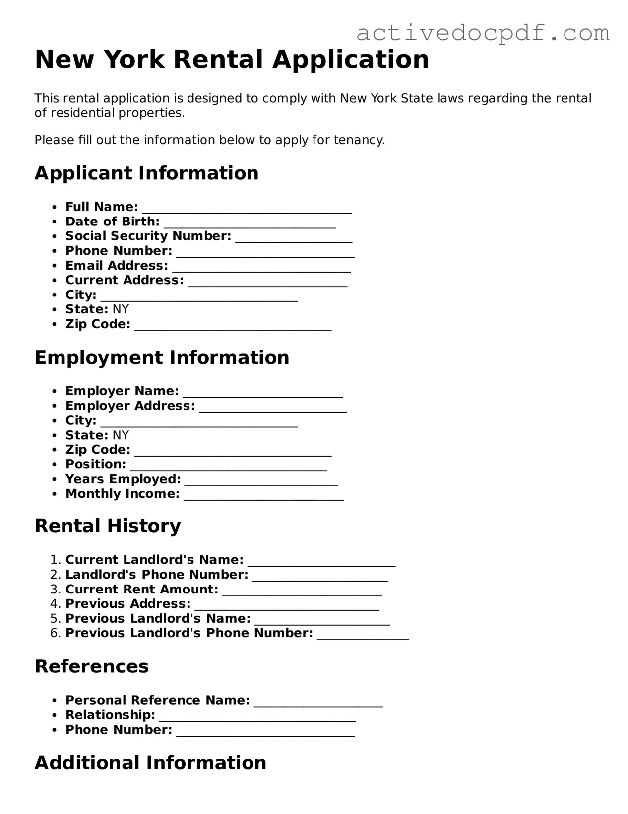 Legal Rental Application Document for New York State