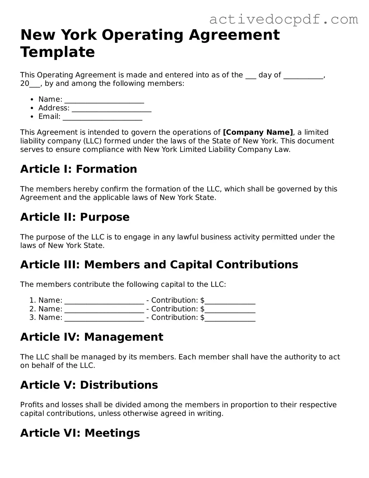 Legal Operating Agreement Document for New York State