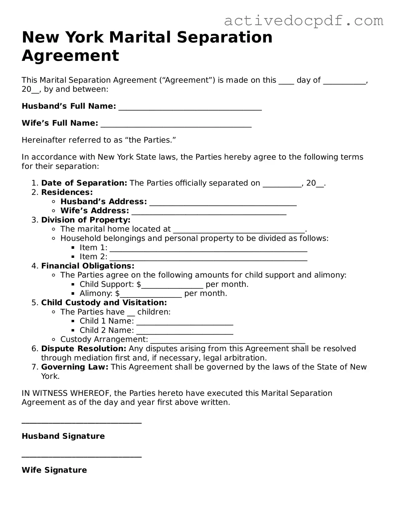 Legal Marital Separation Agreement Document for New York State