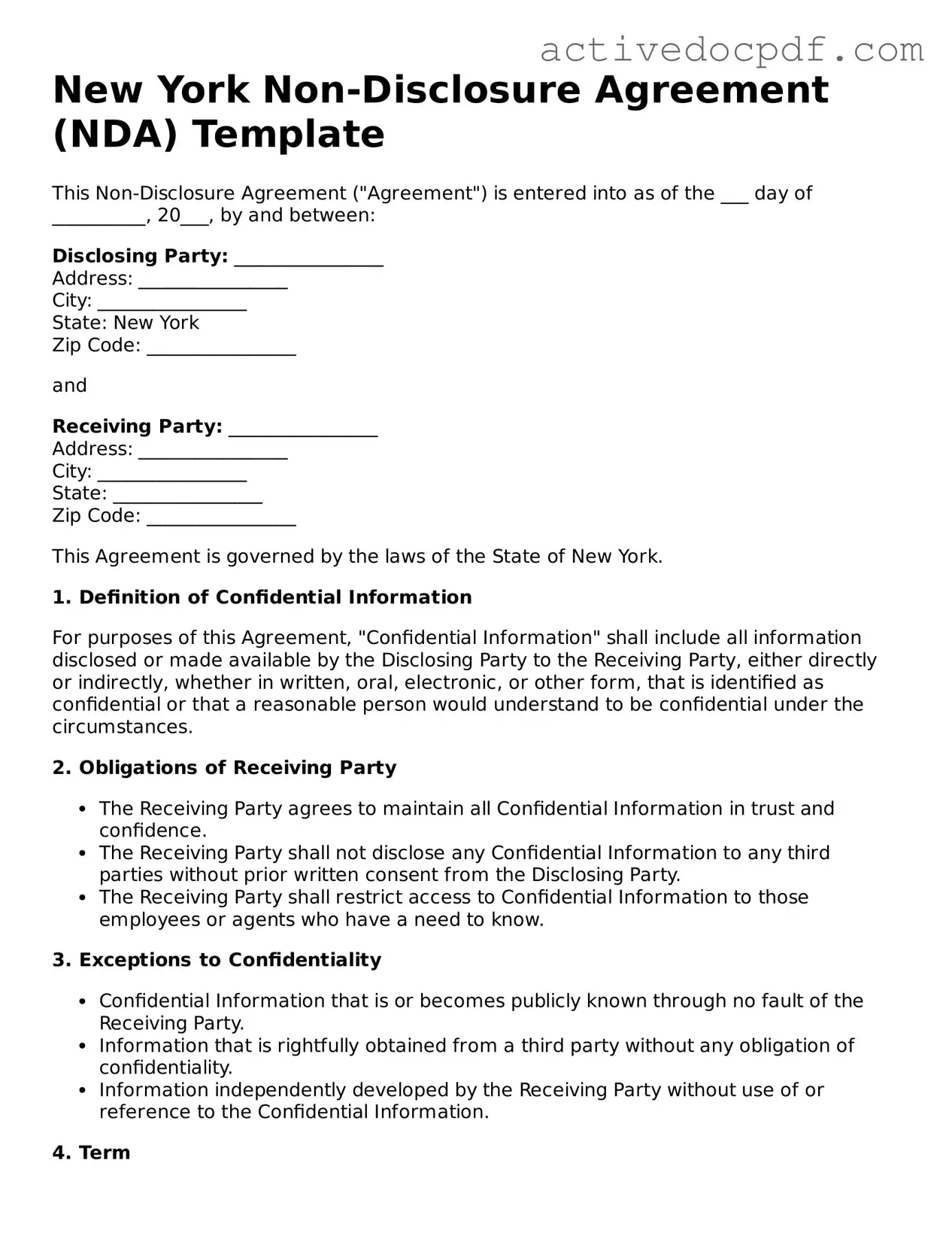 Legal Non-disclosure Agreement Document for New York State