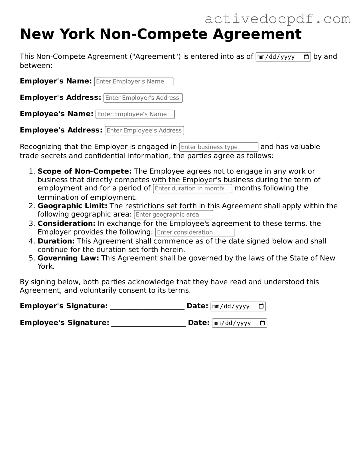 Legal Non-compete Agreement Document for New York State