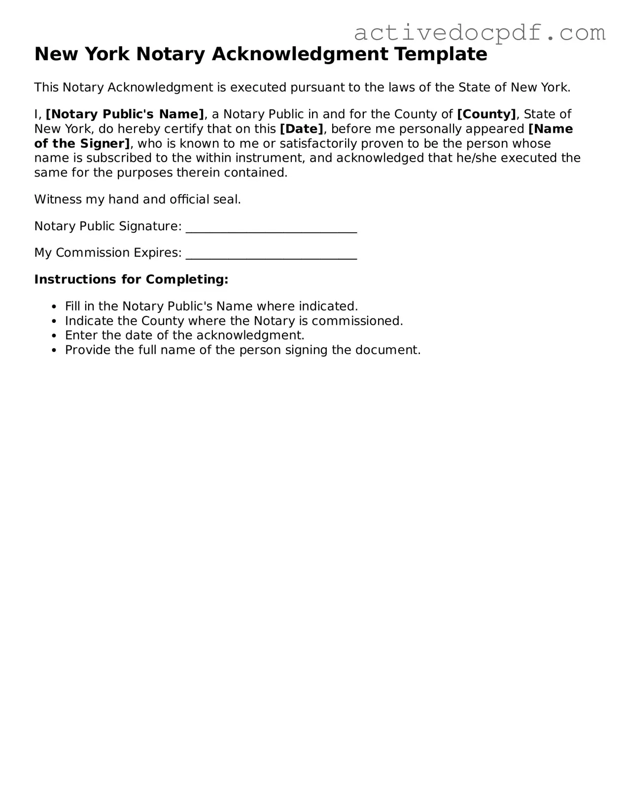 Legal Notary Acknowledgement Document for New York State