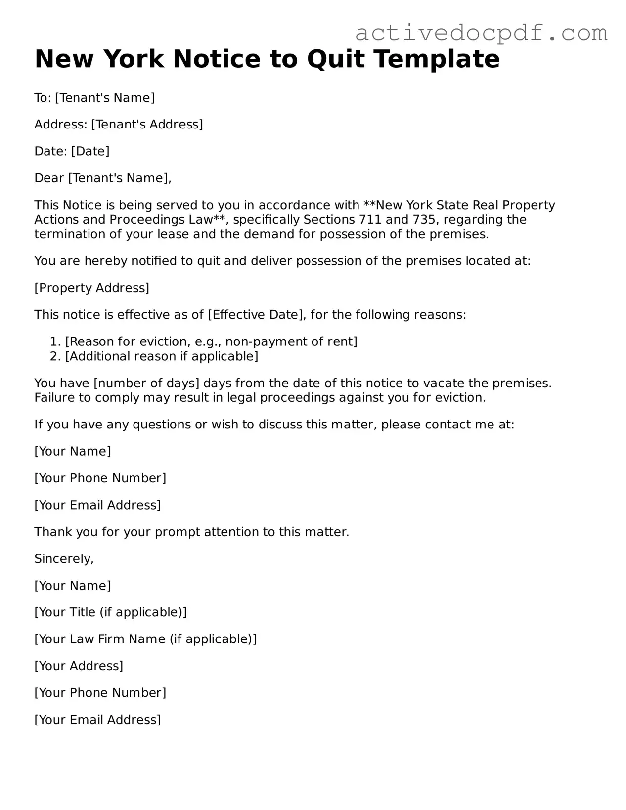 Legal Notice to Quit Document for New York State