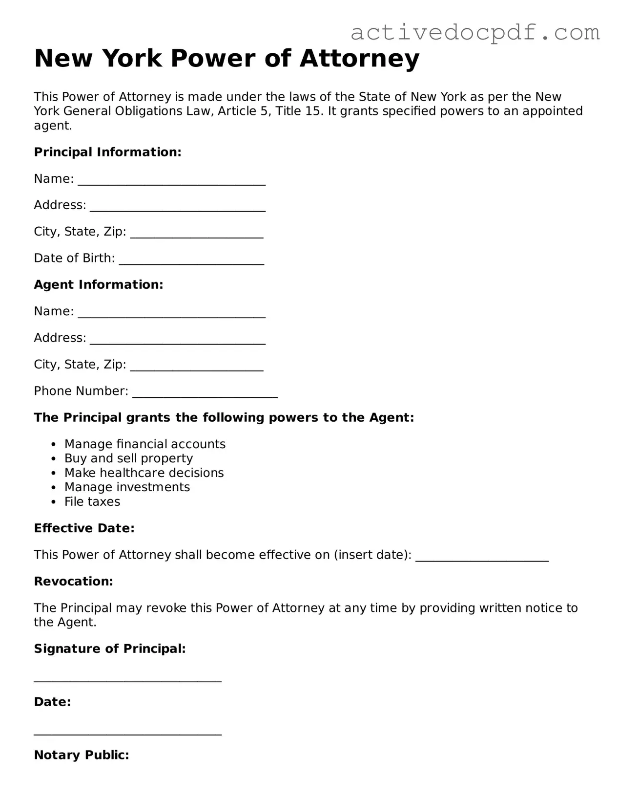 Legal Power of Attorney Document for New York State