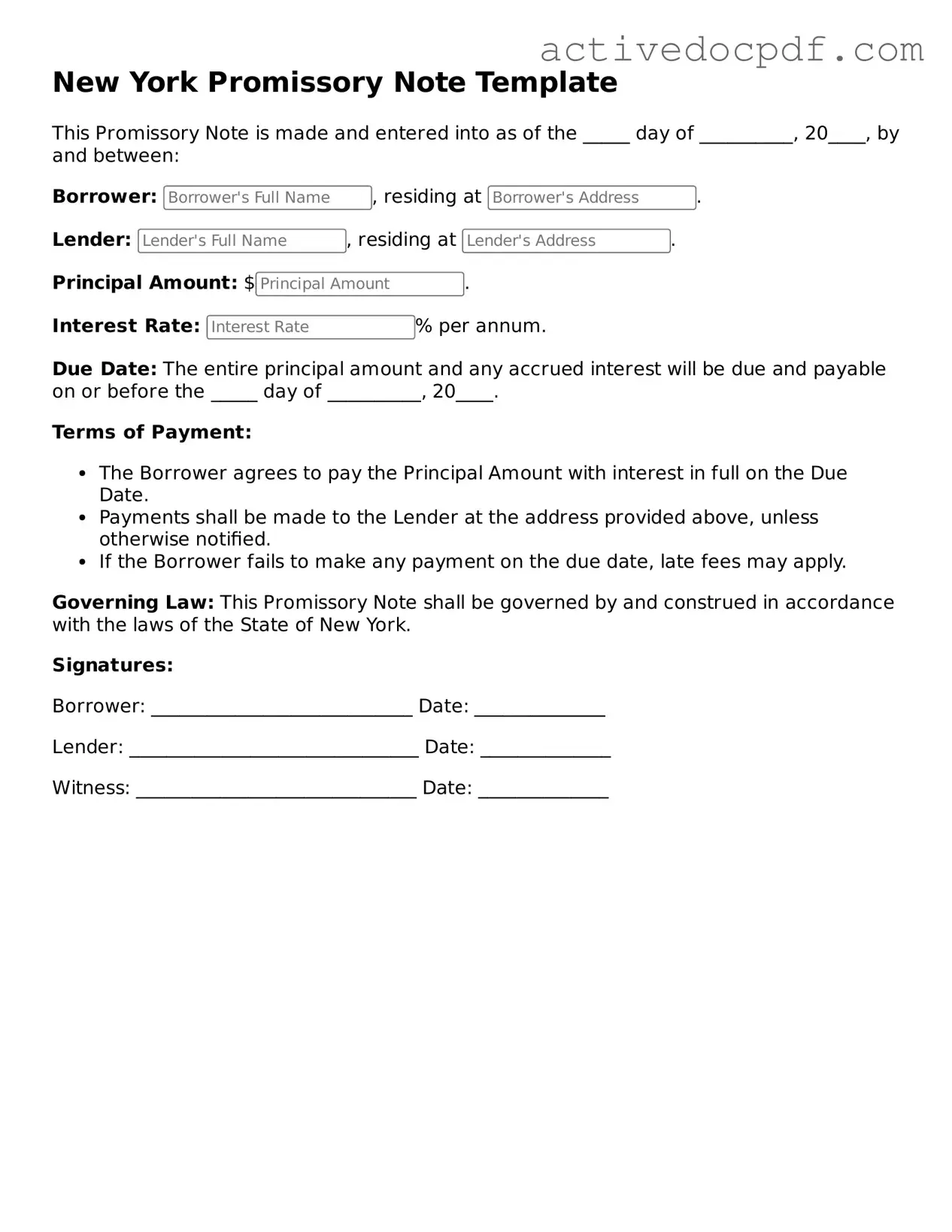 Legal Promissory Note Document for New York State