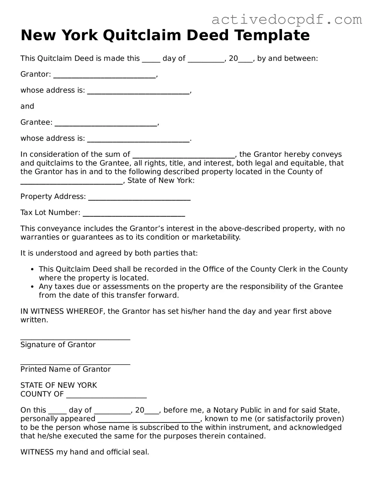 Legal Quitclaim Deed Document for New York State