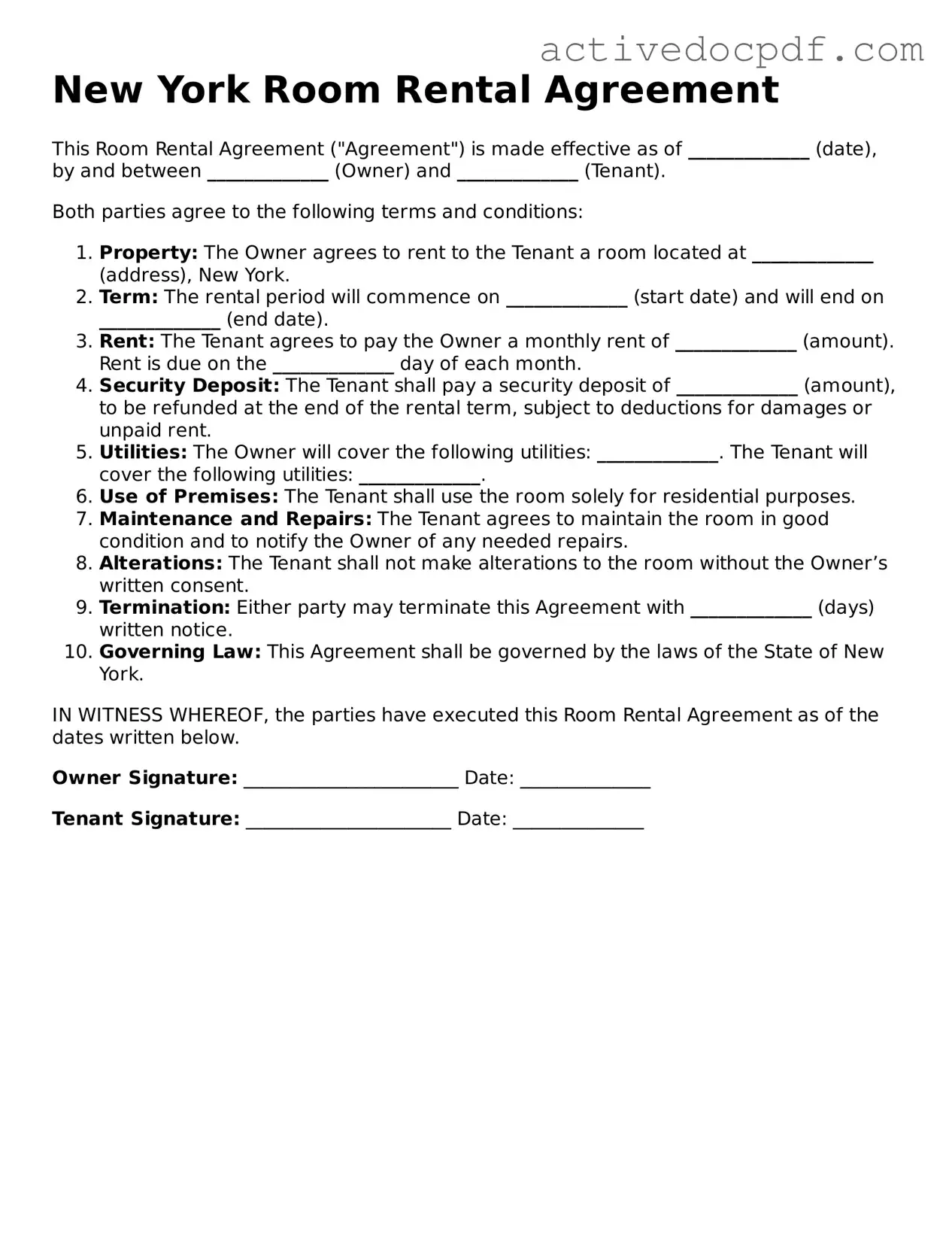 Legal Room Rental Agreement Document for New York State