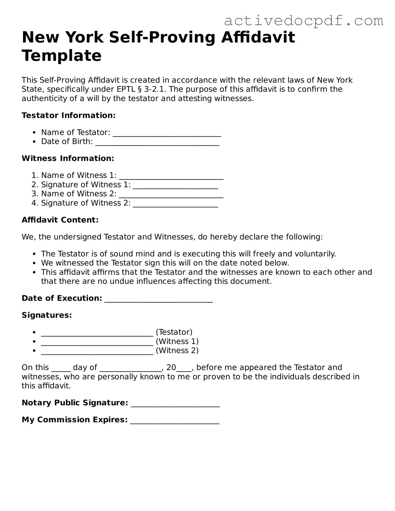 Legal Self-Proving Affidavit Document for New York State