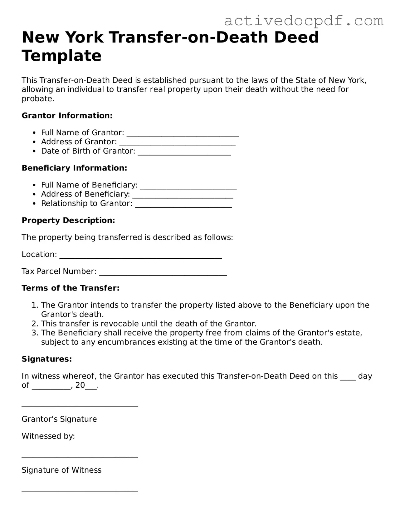 Legal Transfer-on-Death Deed Document for New York State