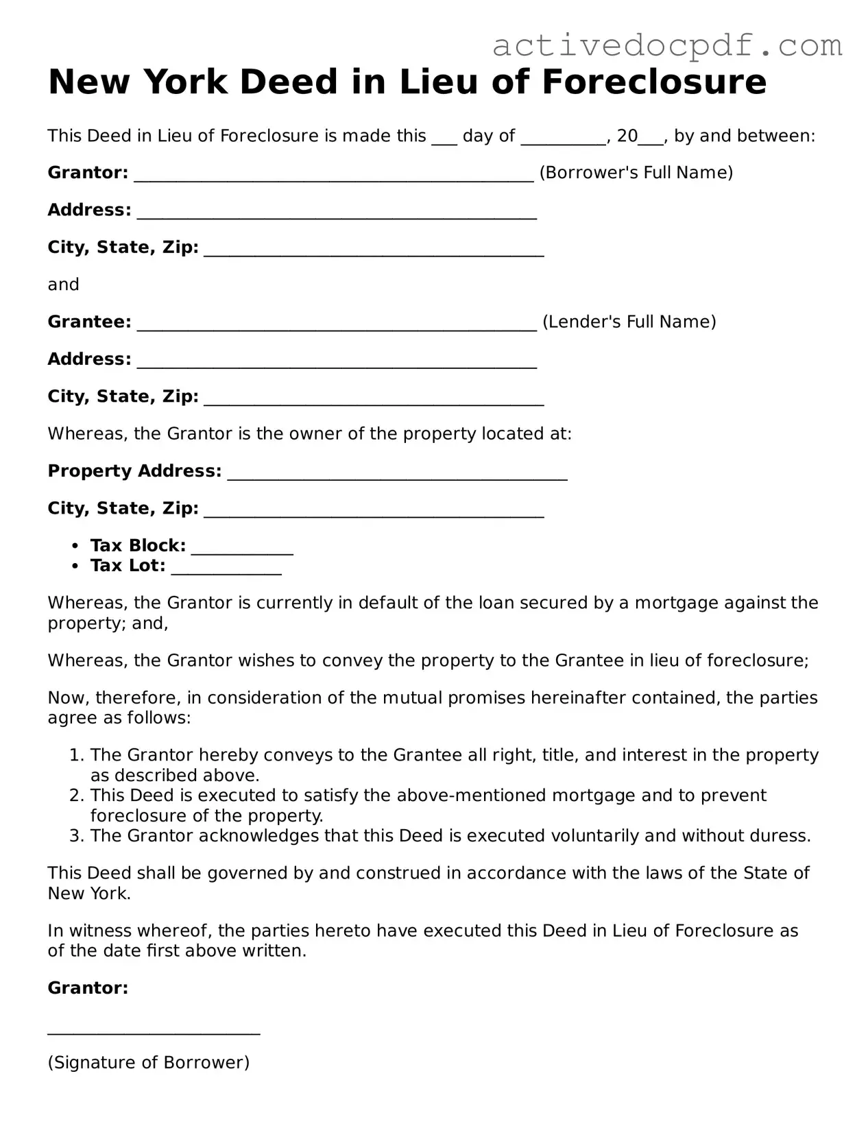 Legal Deed in Lieu of Foreclosure Document for New York State