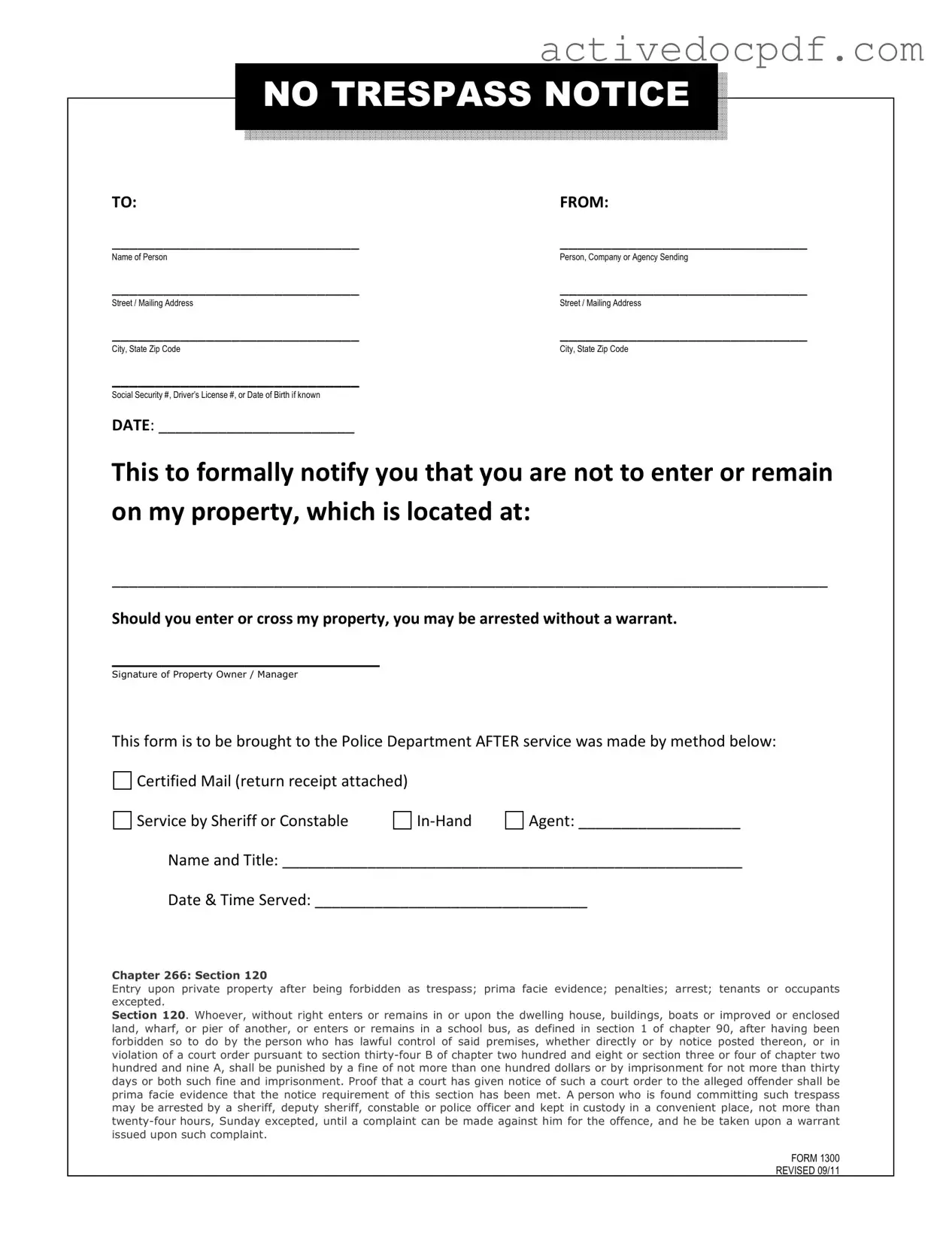 Free No Trespassing Letter PDF Form