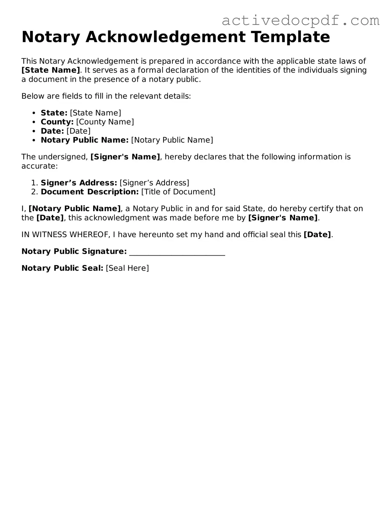Legal Notary Acknowledgement Template