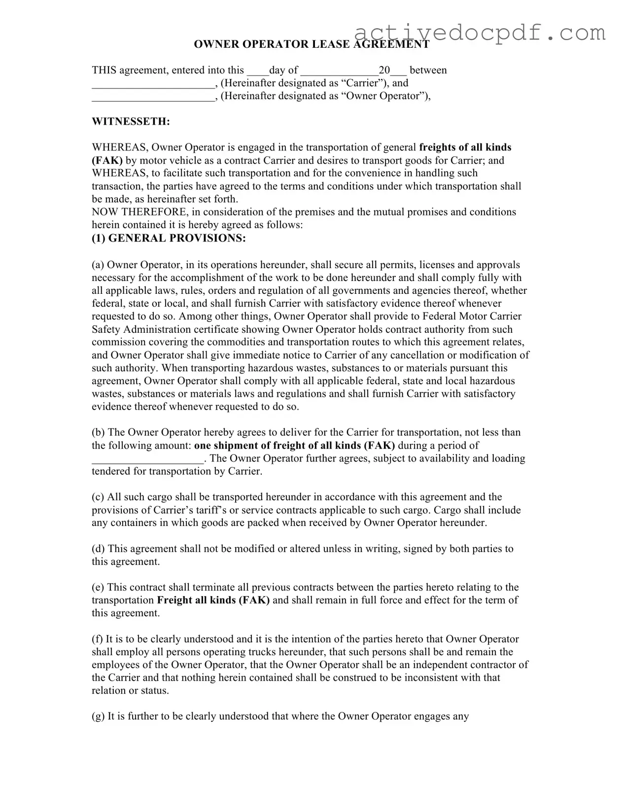 Free Owner Operator Lease Agreement PDF Form
