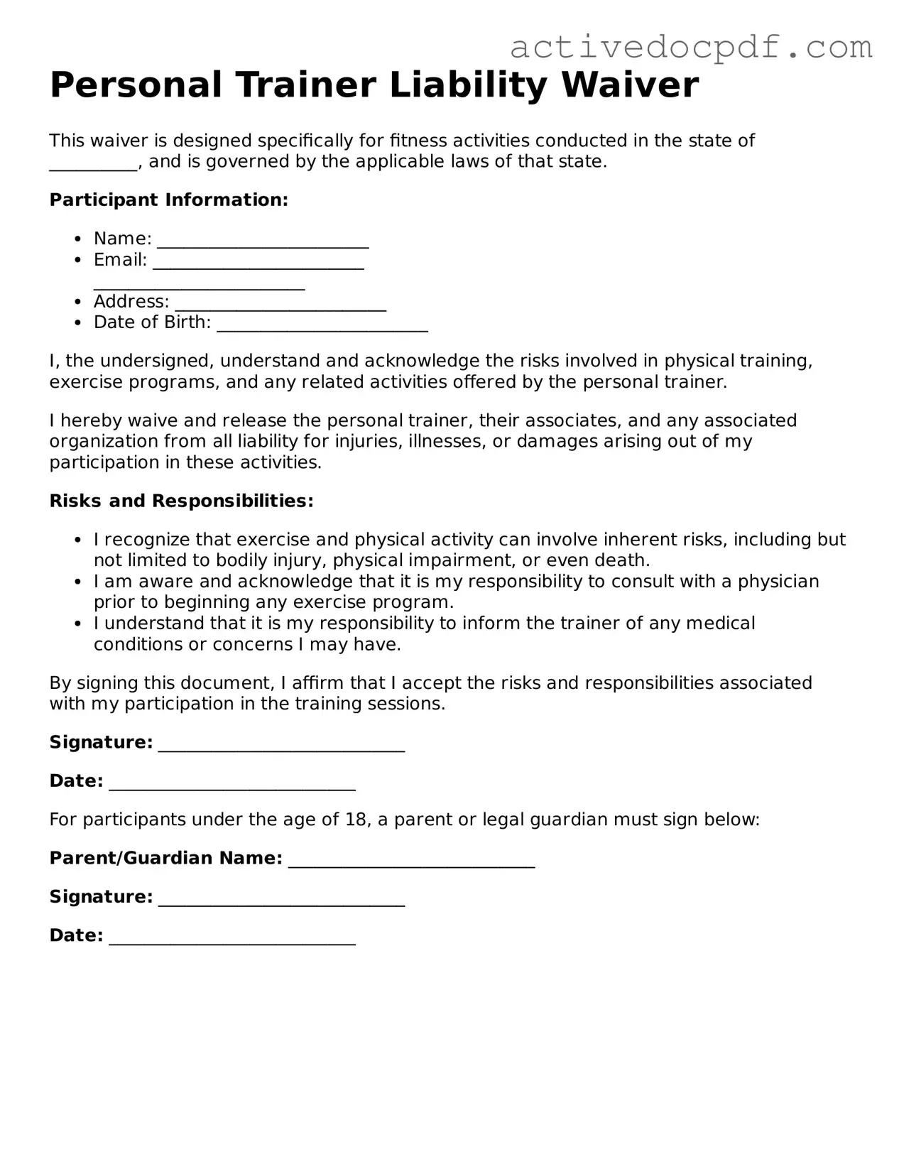 Legal Personal Trainer Liability Waiver Template