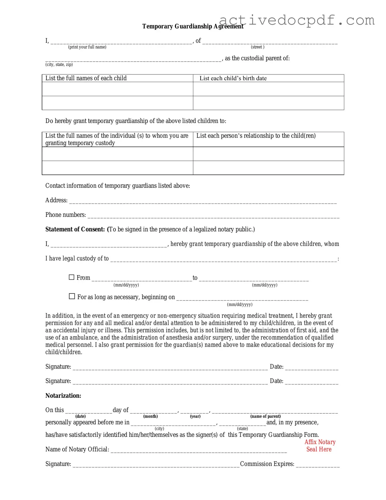 Free Temporary Custody PDF Form