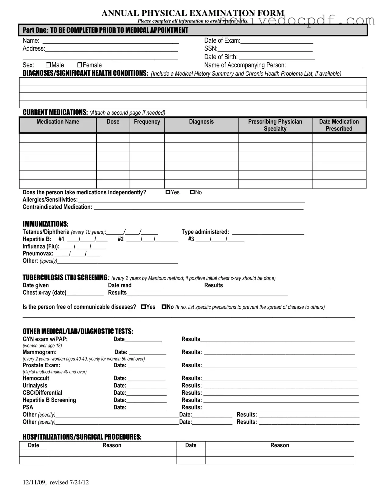 Free Annual Physical Examination PDF Form