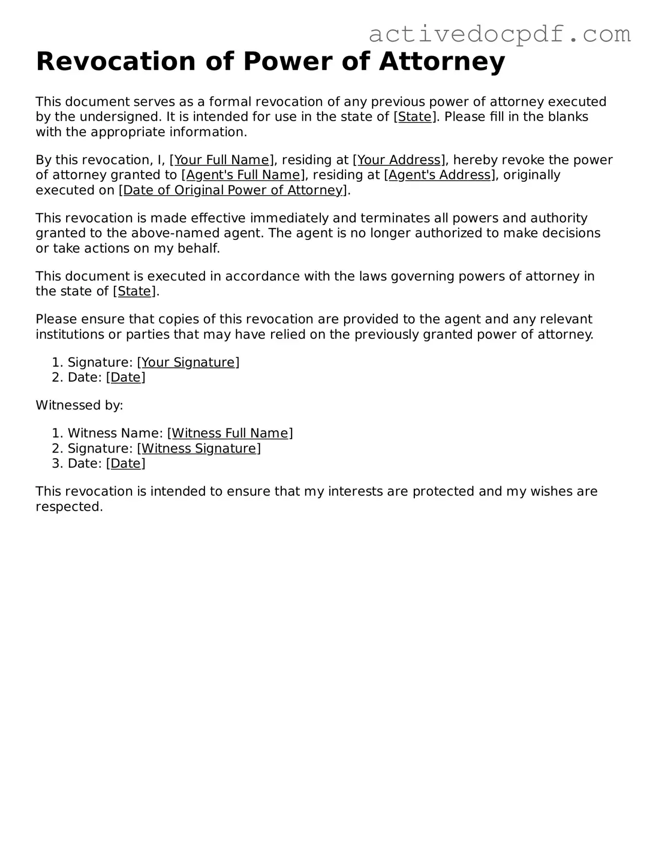 Legal Revocation of Power of Attorney Template