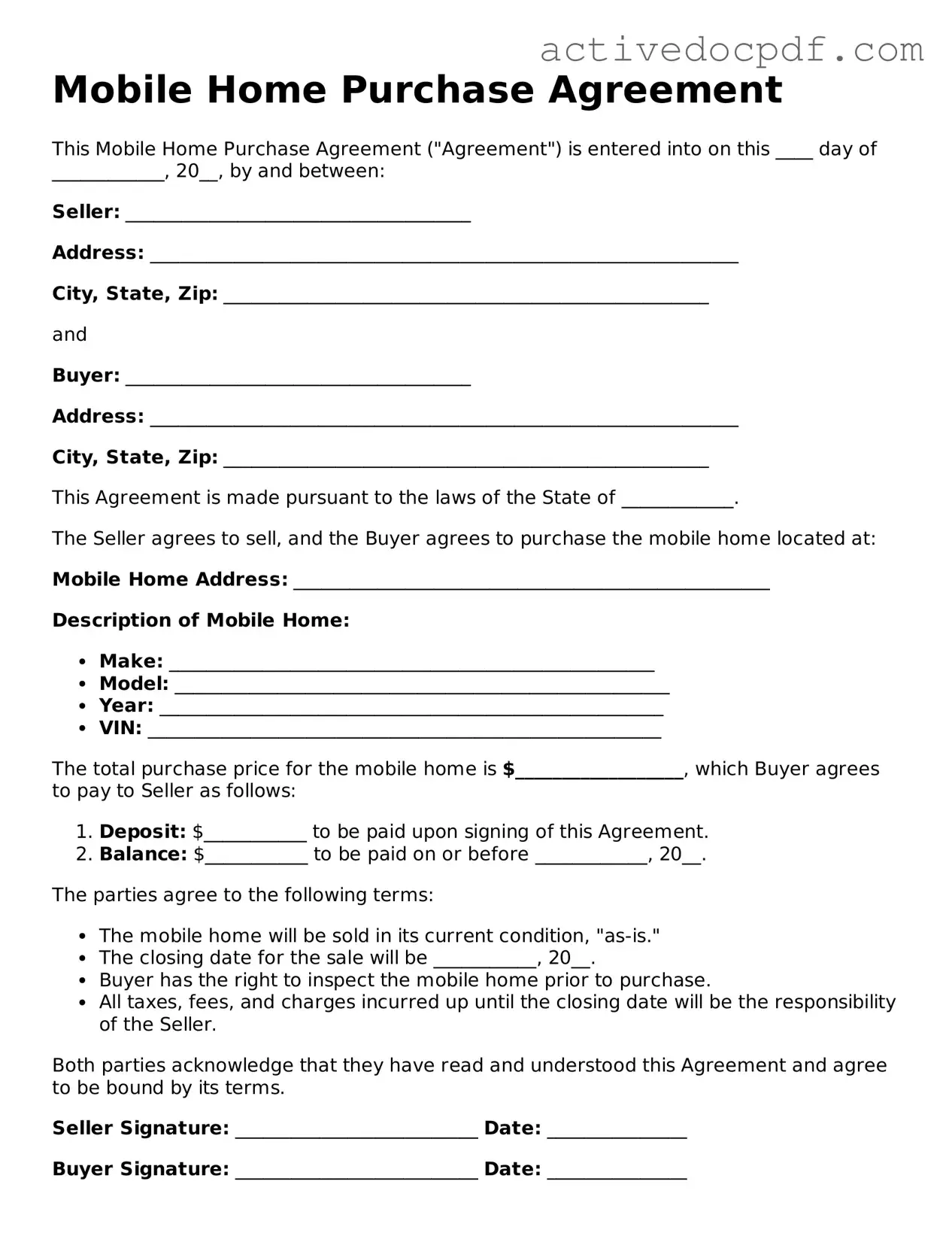 Legal Mobile Home Purchase Agreement Template