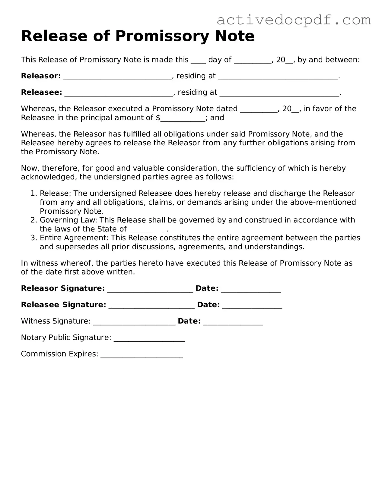 Legal Release of Promissory Note Template