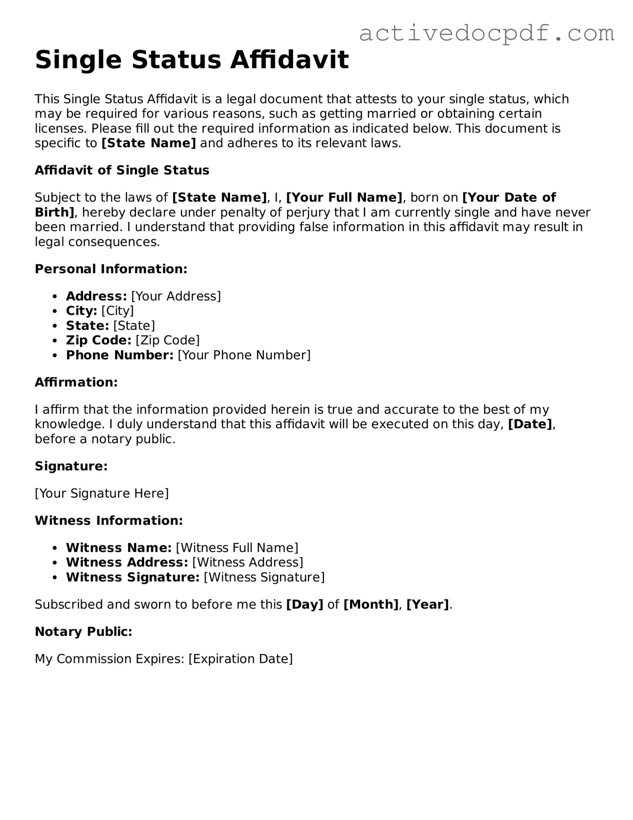Legal Single Status Affidavit Template