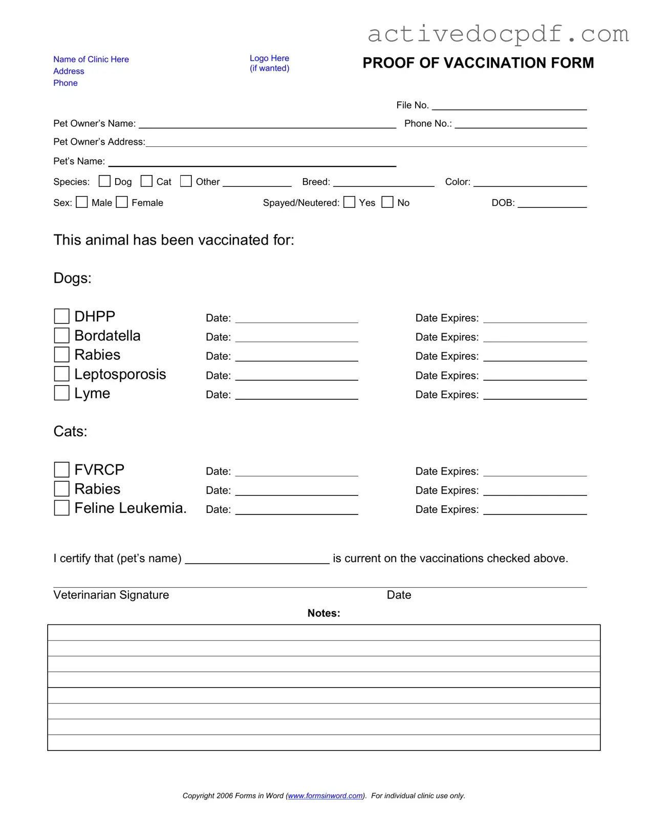 Free Proof Of Vaccination Dog PDF Form